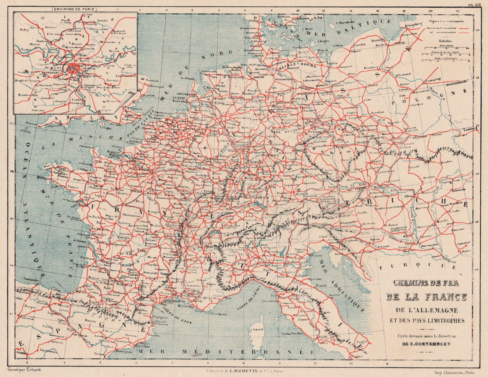 FRANCE & GERMANY RAILWAYS. Western/Central Europe. Chemins de fer 1880 old map